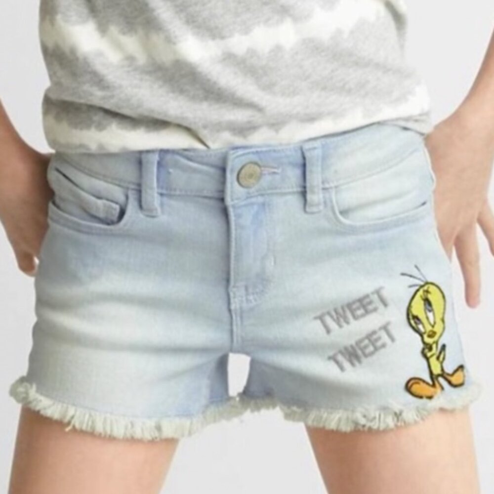 GAP Kids Looney Tunes Tweety Bird Embroidered Denim Cutoff Jean Shorts